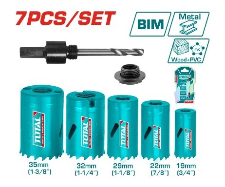 TOTAL TOOLS TACSH1071 JUEGO 5 COPAS SIERRA BIMETAL 19-22-29-32-35MM C/ADAPTADOR