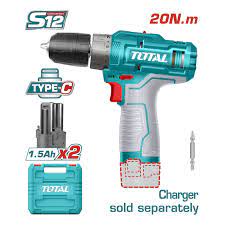 TOTAL TOOLS TDLI12202 TALADRO INALAMBRICO CHUCK 3/8″ BAT 12V 20NM C/2 BAT TIPO C 1.5AH Y CARGADOR +1 PUNTA 65MM