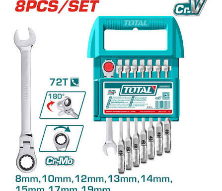 TOTAL TOOLS THT103RK586 JUEGO 8 LLAVES COMBINADAS ARTICULADAS CON RATCHET 8,10,12,13,14,15,17 Y 19MM CR-V