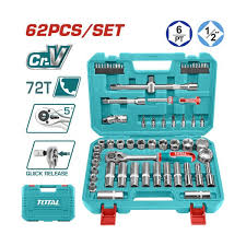 TOTAL TOOLS THT121602 JUEGO 62 PZ INCLUYE RATCHET CUBOS Y PUNTAS + ACCESORIOS EN ESTUCHE