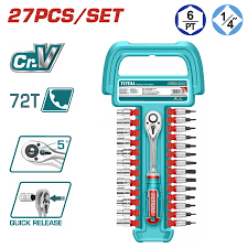 TOTAL TOOLS THT141271 JUEGO 27 PZ INCLUYE 12 COPAS 1/4″ 4-14MM + 14 PUNTAS + RATCHET