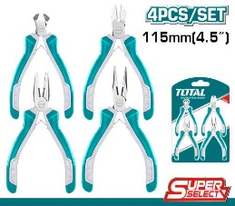 TOTAL TOOLS THT1K0404 JUEGO 4 MINI ALICATES CORTE, COMBINADO,PINZA,TENAZ 4.5″ (115MM) (VER CODIGO 657317)