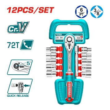 TOTAL TOOLS THT381121 JUEGO 12PZ INCLUYE 10 CUBOS 3/8″ 8-19MM + RATCHET + EXTENSION