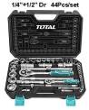 TOTAL TOOLS THT421441 JUEGO 44 PZS DE CUBOS 1/2″ 8-32MM Y 1/4″ 4-14MM + ACCESORIOS EN ESTUCHE