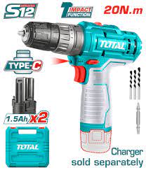 TOTAL TOOLS TIDLI12202 TALADRO PERCUTOR 3/8″ BAT 12V 20NM C/2 BAT TIPO C 1.5AH Y CARGADOR