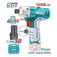 TOTAL TOOLS TIRLI12015 ATORNILLADOR DE IMPACTO HEX 1/4″ BAT 12V 100NM + 2 BAT TIPO C 1.5AH+CARGADOR+ MALETIN