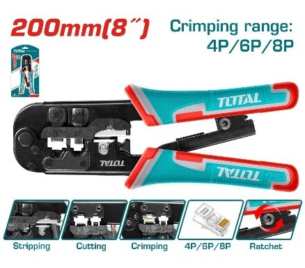 TOTAL TOOLS TMPCN5468R ALICATE PARA PRENSAR, PELAR Y CORTAR CABLE 8″ (200MM) 4P-6P-8P