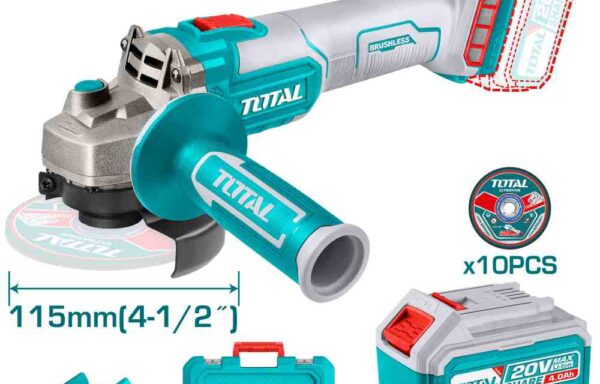 TOTAL TOOLS UTAGLI2011587 ESMERILADORA 4-1/2″ BAT 20V C/1 BAT LITIO-ION 4AH+ CARGADOR + 10 DISCOS ABRASIVOS