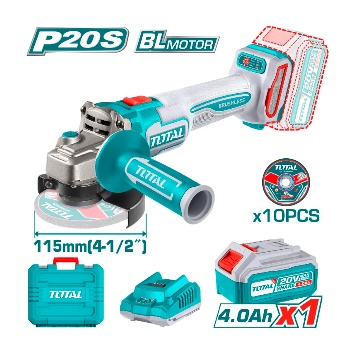 TOTAL TOOLS UTAGLI211541 ESMERILADORA 4-1/2″ BAT LITIO-ION 20V 900W C/1 BAT 4AH Y CARGADOR + 10 DISCOS DE CORTE PARA METAL