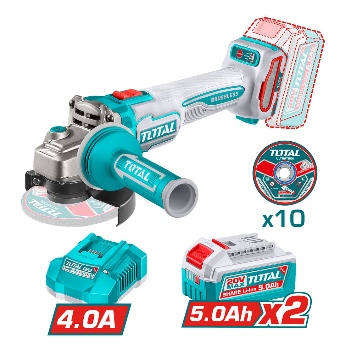 TOTAL TOOLS UTAGLI2120252 ESMERILADORA ANGULAR 4-1/2″ BAT LI-ION 20V 1200W C/2 BAT 5AH+CARGADOR+10 DISCOS
