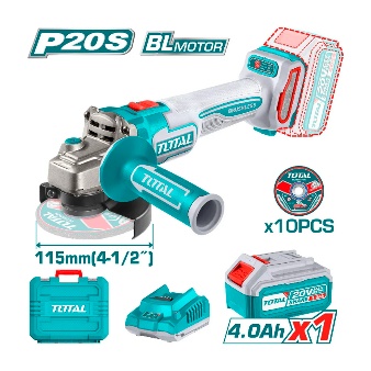 TOTAL TOOLS UTAGLI2211531 ESMERILADORA 4-1/2″ BAT LITIO-ION 20V 1200W C/1 BAT 4AH Y CARGADOR + 10 DISCOS DE CORTE PARA METAL