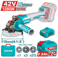 TOTAL TOOLS UTAGLI4128112 ESMERILADORA ANGULAR 4-1/2″ BAT LI-ION 42V 1280W C/2 BAT 2.5AH+CARG+MALETIN SIN CARBONES