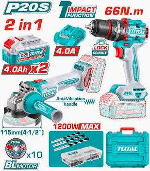 TOTAL TOOLS UTCKLI20256 COMBO TALADRO 1/2″ 20V 66NM+ESMERILADORA 4-1/2″ 20V C/2 BAT 4AH+10 DISCOS PARA CORTE DE METAL+ACCES