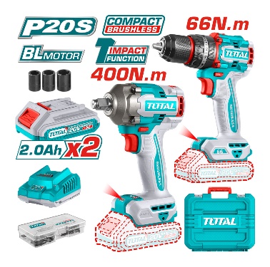 TOTAL TOOLS UTCKLI20275 COMBO TALADRO DE IMPACTO 1/2″ 20V+LLAVE DE IMPACTO 1/2″ 20V 400NM C/2 BAT LITIO 2 AH + CARG + MALETIN
