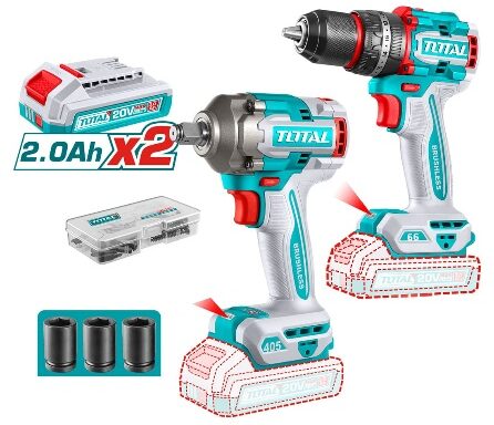 TOTAL TOOLS UTCKLI20286 COMBO TALADRO 1/2″ 20V 66NM + LLAVE IMPACTO 1/2″ 405NM C/ 2 BAT LITIO-ION 2.0AH ACCESORIOS