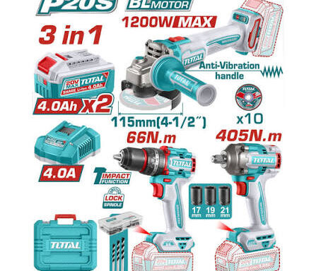 TOTAL TOOLS UTCKLI20358 COMBO 20V ESMERILADORA 4-1/2″+TALADRO 1/2″+LLAVE IMPACTO 1/2″+ 2 BAT 4AH+ CARGADOR+ACCES