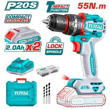 TOTAL TOOLS UTIDLI20558 TALADRO INALAMBRICO DE IMPACTO BAT LITIO 20V 1/2″ C/2 BATERIAS 2AH + ACCESORIOS + CARG + MALETIN