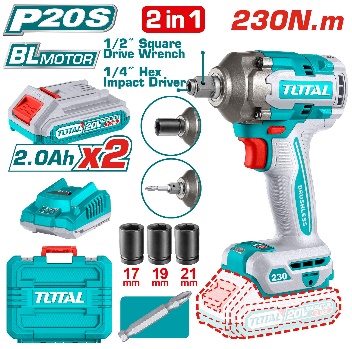 TOTAL TOOLS UTIWLI20236 PISTOLA DE IMPACTO A BAT LITIO-ION 20V 1/2″ 230NM C/2 BAT 2AH Y CARGADOR EN MALETIN