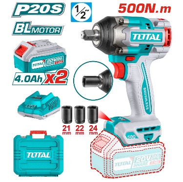 TOTAL TOOLS UTIWLI2050 LLAVE DE IMPACTO BAT LITIO-ION 20V 1/2″ 500NM C/ 2 BATERIAS 4AH + CARGADOR EN ESTUCHE