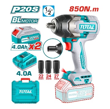 TOTAL TOOLS UTIWLI2085 LLAVE DE IMPACTO BAT LITIO-ION 20V 1/2″ 850NM C/ 2 BATERIAS 4AH + CARGADOR EN ESTUCHE