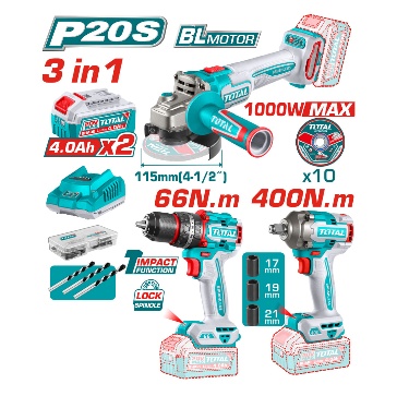 TOTAL TOOLS UTOSLI241291 COMBO ESMERILADORA 4-1/2″+LLAVE IMPAC 1/2″+TALADRO PERCUTOR 1/2″ 66NM 20V + 2 BAT 4AH+ACCES